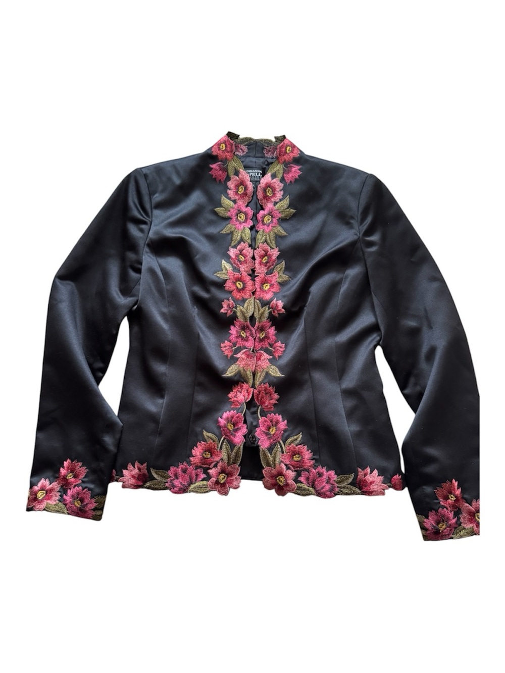 Adrianna Papell Black Satin Jacket with Pink Floral Embroidery